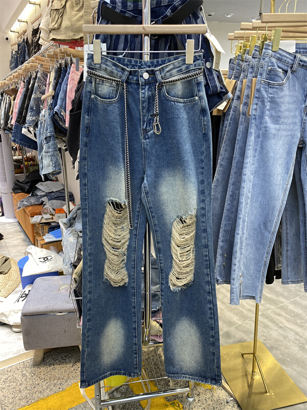 [Han Xi'er] vintage, worn, torn, loose and versatile jeans (without belt) a027\hbx