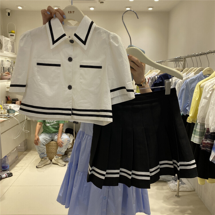 [1517] contrast short sleeve shirt + pleated short skirt set 7263\zjy