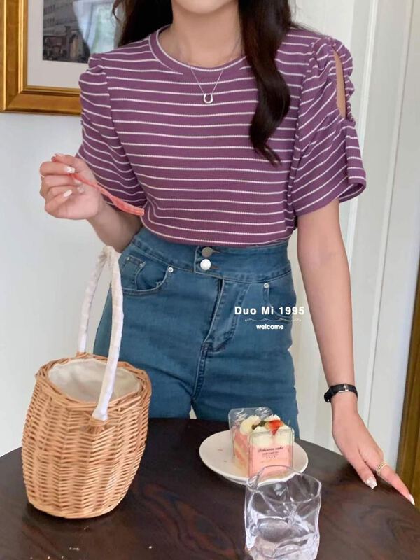 [Duomi] pleated bubble sleeve stripe knitted short sleeve T-shirt ys2-2250\zxl