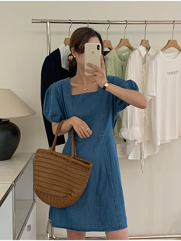 [the mind] Korean version square neck denim short dress 60515\jhy