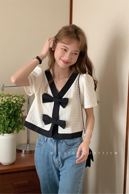 [N.S] Korean style contrast color V-neck design Bow Tie Shirt 8837\wpl
