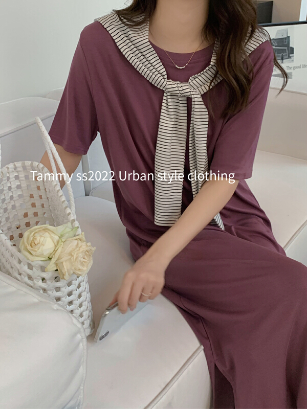 [Tammy] Korean solid color round neck mid length dress (with cape) 71803\l