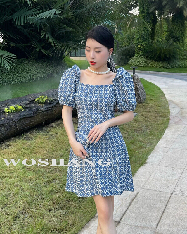 [woshang] small fragrance, light luxury, French lady temperament waist dress (with chain bag) 1318\xyj