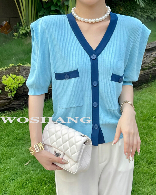 [woshang vogue] fashion versatile contrast color single breasted V-neck pit stripe short sleeve T-shirt 1314\xyj