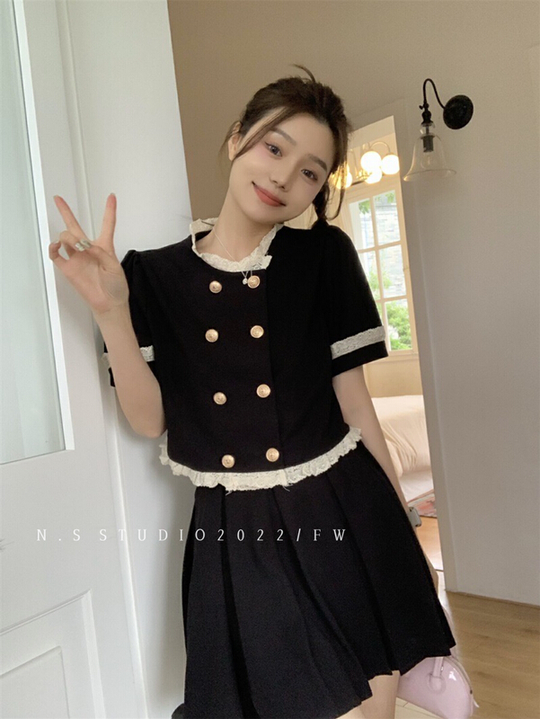 [N.S] French double breasted lace blouse + high waist slim skirt set ys1-822\wpl