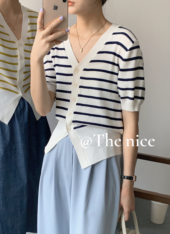 In early summer! [the nice] Korean version V-neck bead stripe sweater 00277\hjy