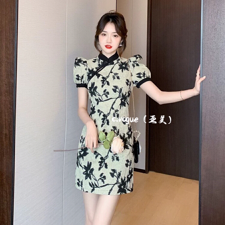 [c.vogue] national style retro printed stand collar and buckle dress ys1-3963\pcz