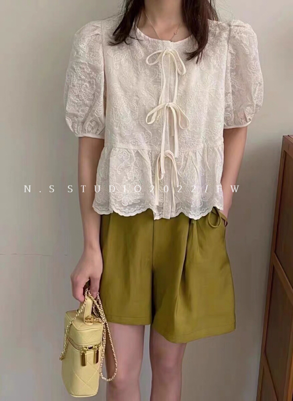 [N.S] French heavy industry Embroidery Crochet Lace Up bow small shirt 7830\wpl