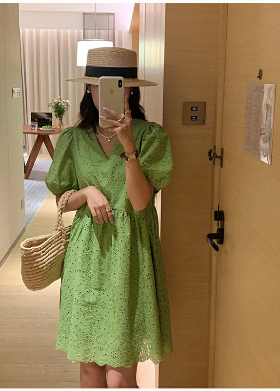 [the mind] fresh and simple V-neck bubble sleeve dress 60352\xyj