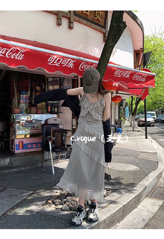 [c.vogue] Korean style soft Ruffle hem waist closing thin suspender dress 3350\pcz