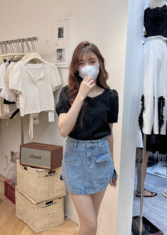 [as] bubble sleeve single breasted short sleeve shirt 2270\hjy