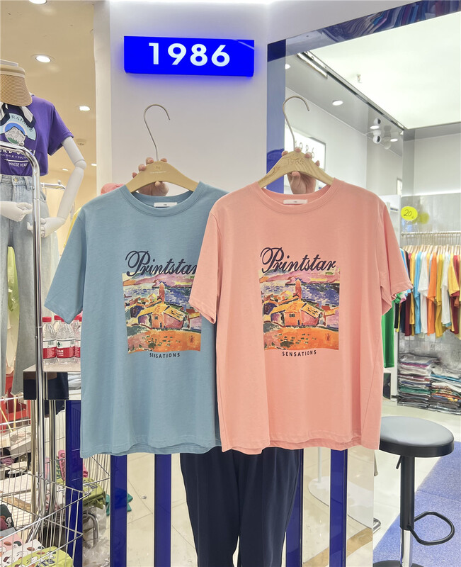 [1986] simple casual round neck oil painting loose short sleeve T-shirt f2703\lsl