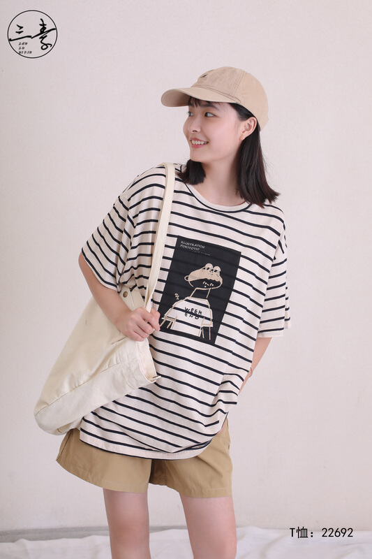 [original three element clothing] simple temperament casual stripe printed short sleeve T-shirt 22692