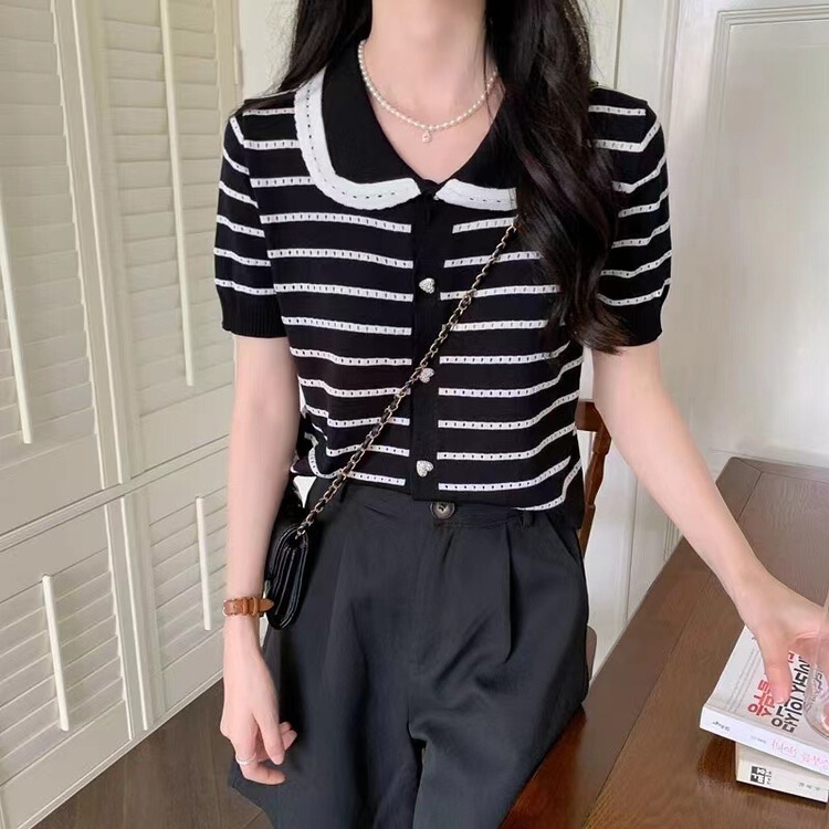 [ya.mei] Korean stripe hollow out design single breasted sweater 940\ll