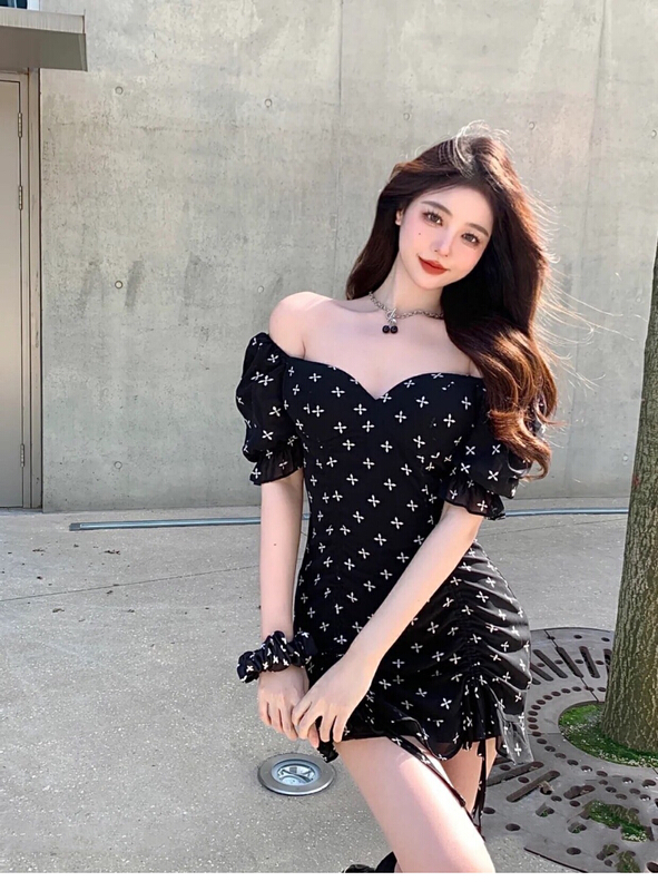[Doudou family] drawstring bubble sleeve print waist closing temperament dress 88343\cls
