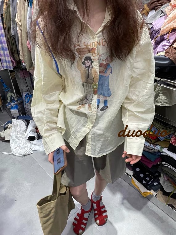 [w+] cotton linen cartoon character printed loose shirt 6027\wtt