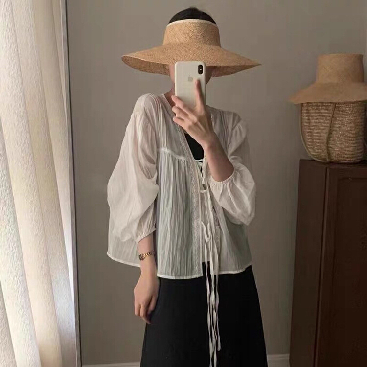 [U grain] simple solid color versatile lace up sunscreen shirt 6225\fhx