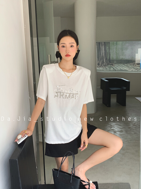 Original price 58.65! [Dajia] Korean loose ins letter flashing shoulder pad short sleeve T-shirt 22326\zxx