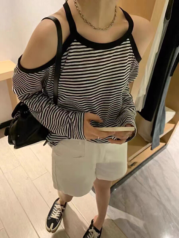 [after 18] off shoulder stripe simple sunscreen shirt 685\zjy