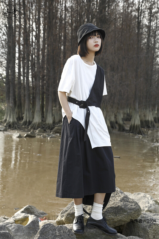 Original price 77.83! [original three element clothes] simple medium long short sleeve T-shirt + irregular small T-shirt two piece suit 2504\fhx