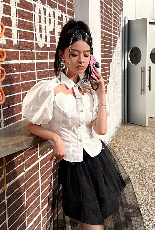 [dawg king] hollow out design short sleeve button up solid color shirt d9557\wtt