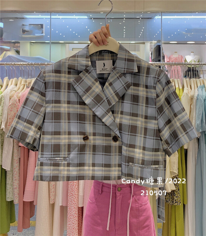 [candy] suit collar Plaid double breasted shirt 210507\zjy