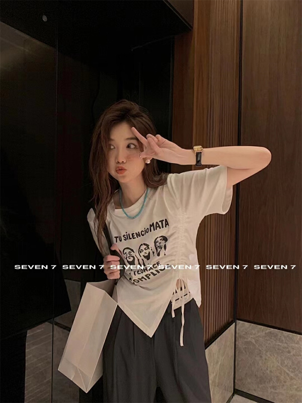 [seven 7] side drawcord round neck versatile short sleeve T-shirt 8266\wtt
