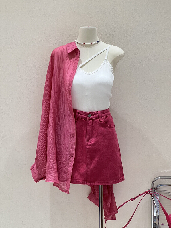 [kJ] Korean version simple rose red denim skirt (only denim skirt) 419-1\zxl
