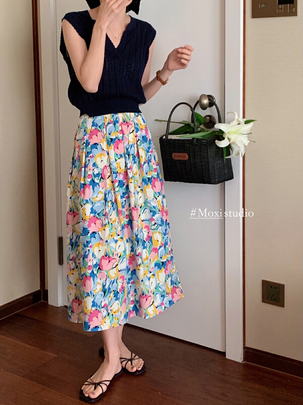 [Moxi] Korean loose a-hem floral skirt 75968\xj