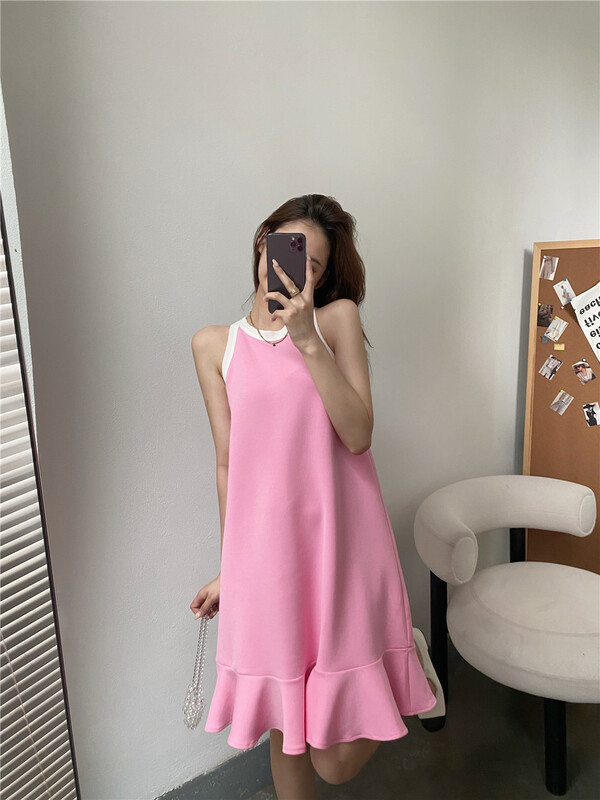 [modern 197] round neck color matching slim sexy fresh dress 61113\lsl