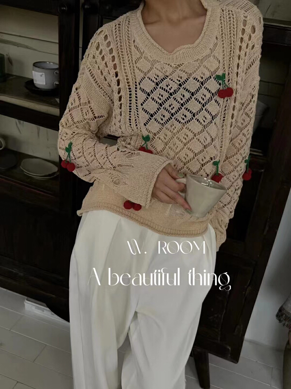 [w.room] simple casual cherry hollow out T-shirt 2121\zxl