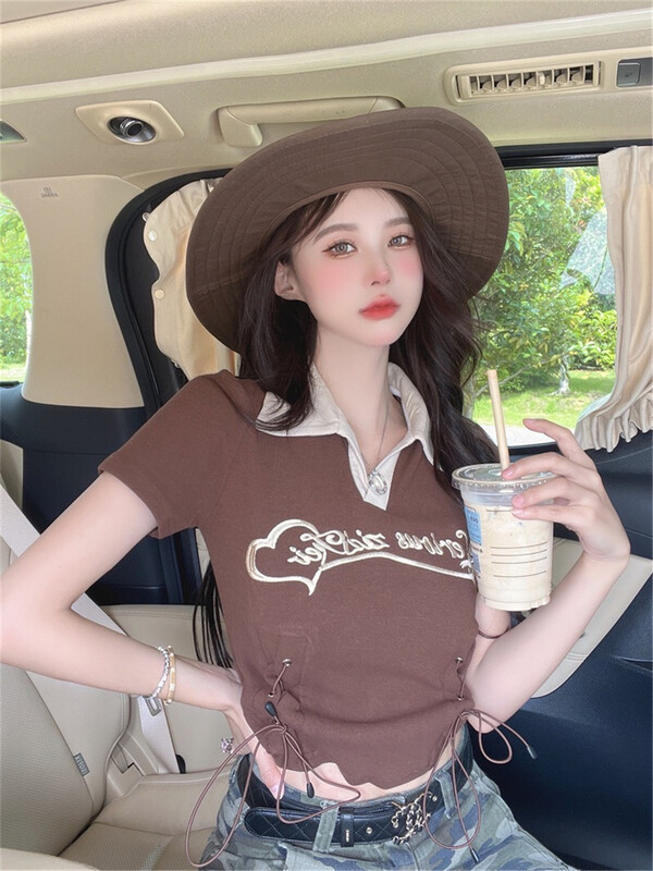 [Bingbing] drawstring design color block letter short sleeve T-shirt 8221\csx