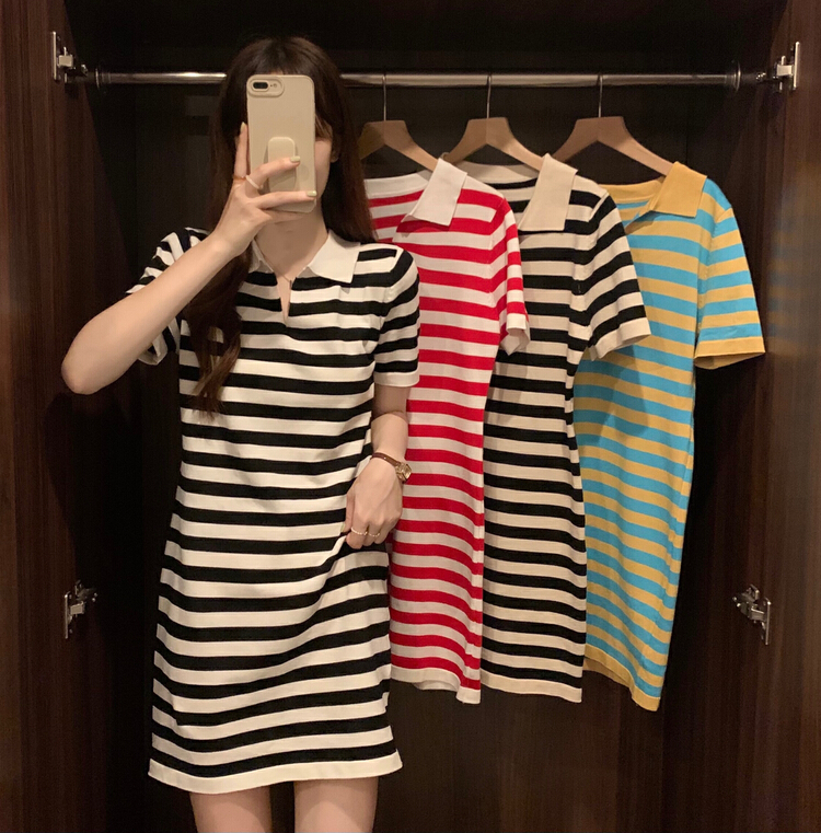 [f · P] new striped V-neck knitted dress in summer 88611\hbx
