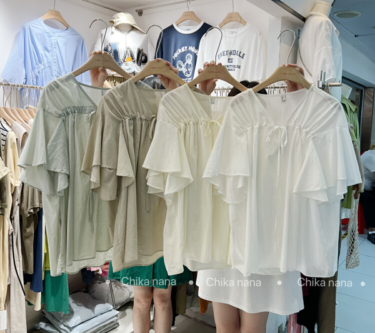 [chika.nana] Korean version V-neck splicing strap loose and slim shirt 22528\jj