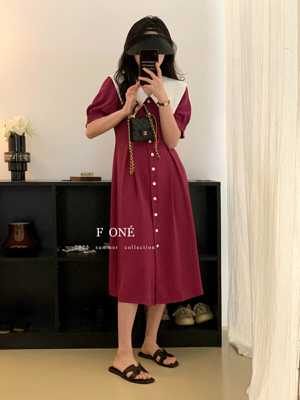 [f one] Korean contrast large lapel bubble sleeve dress 66173\wpl