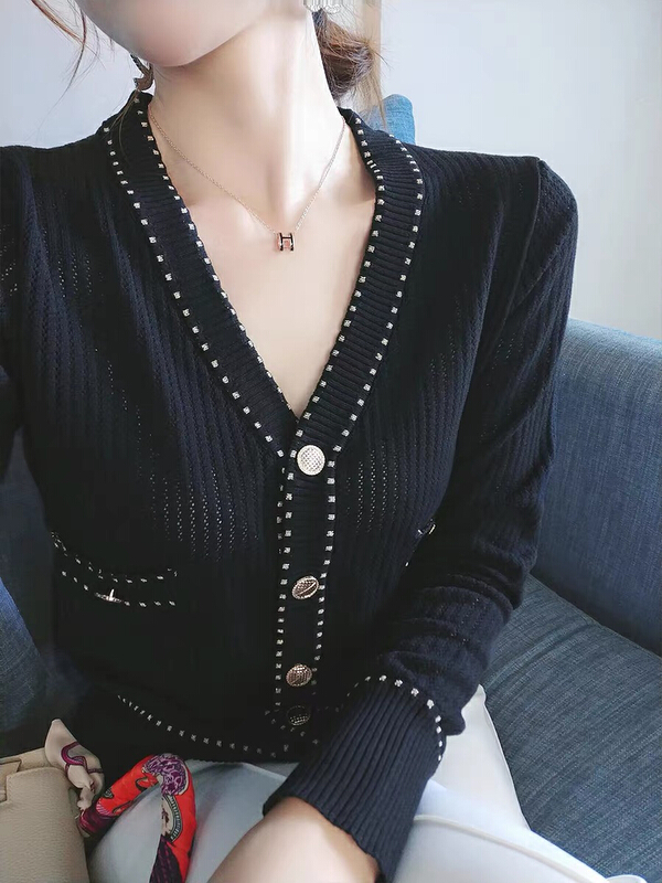[f · P] small fragrance V-neck contrast color hollow out loose long sleeve knitted cardigan 58068\hbx