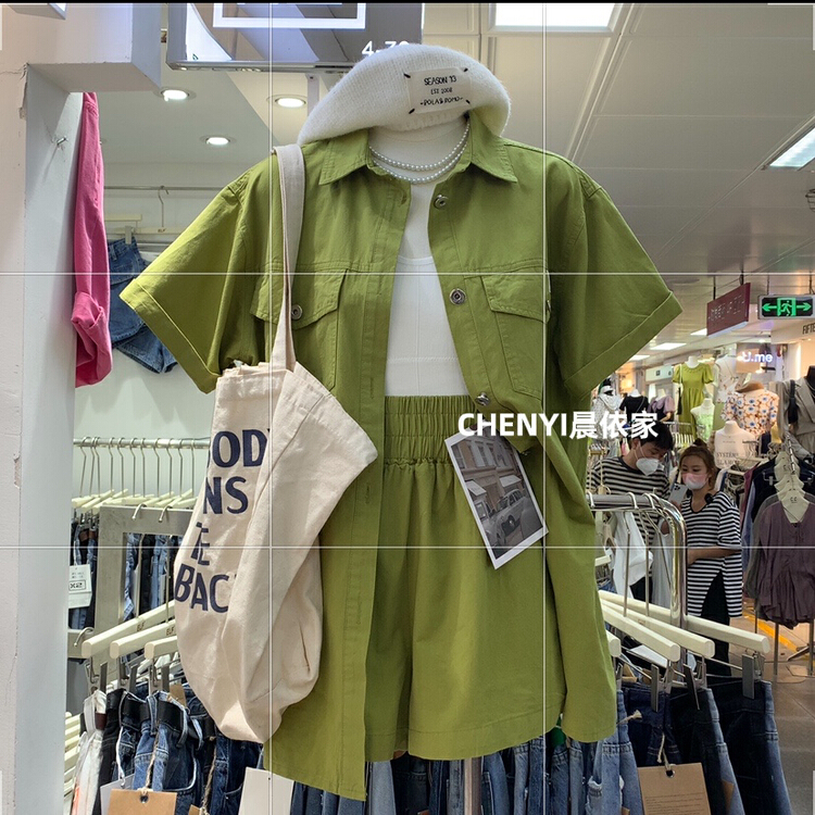 [Chenyi] fashion single breasted denim coat + comfortable and versatile casual Shorts Set (only selling coat + pants) 1971\xyy