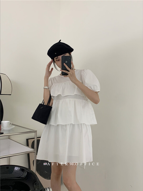 [after.90] bubble sleeve solid color simple dress 6817\ll