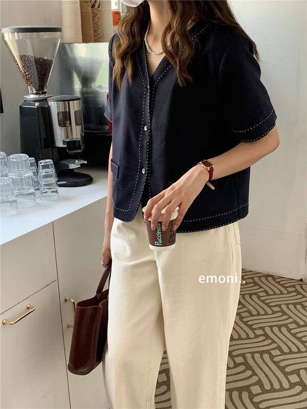 [emoni] Korean style color contrast stitch versatile short coat 11001\cls