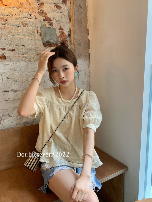 [double seven] Korean style square neck bubble sleeve youth shirt 28938\zxx