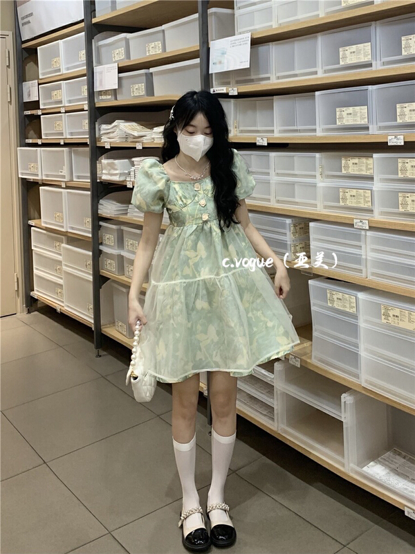 [c.vogue] sweet and gentle bubble sleeve mesh stitched dress 3983\pcz