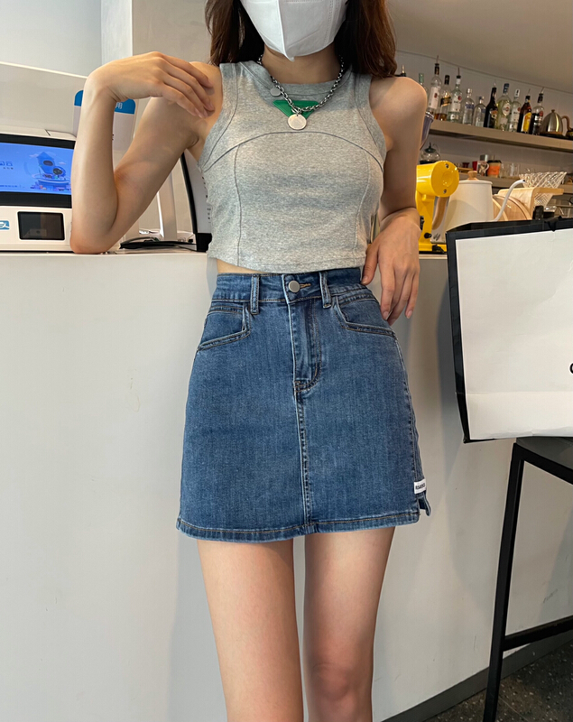 [en Xi'er] Korean slim elastic label denim skirt ehl2650\fhx