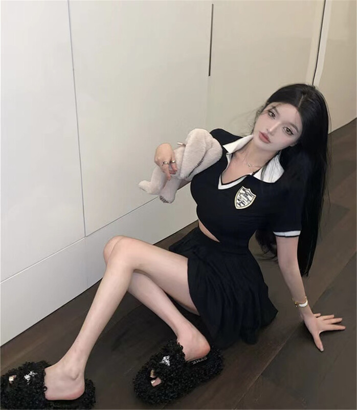 [lucky.bibi] color blocking shirt + versatile skirt two piece set 1055\jj