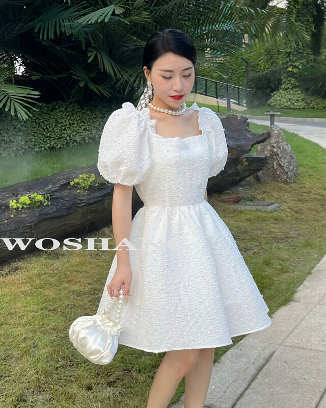 [woshang] sweet Beaded square neck bubble sleeve dress 1320\xyj