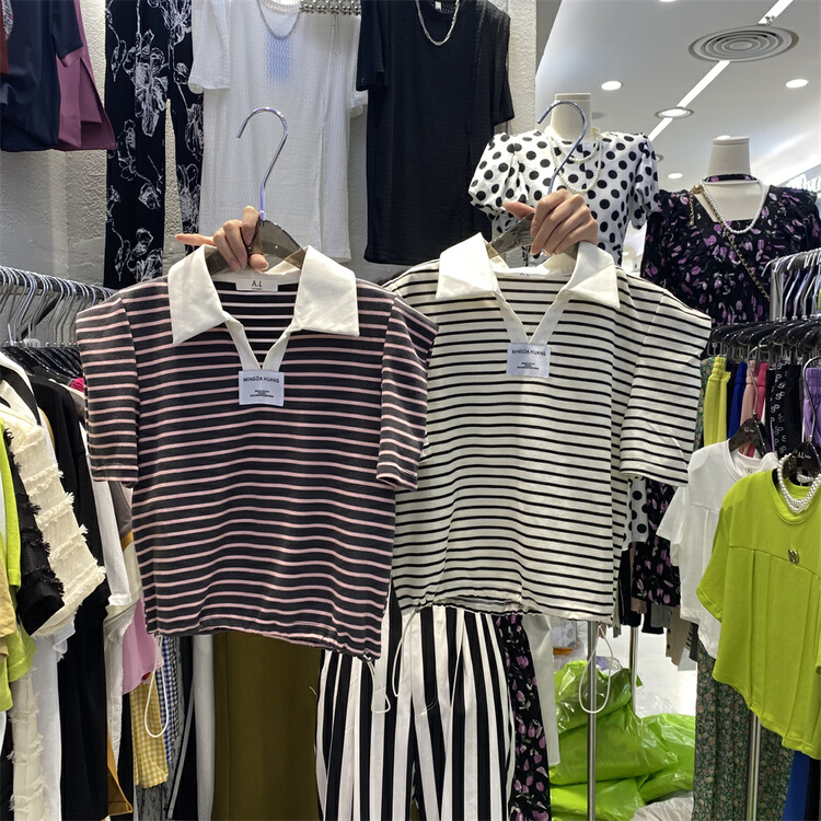 [al] Polo neck stripe short sleeve shirt 3787\wpl