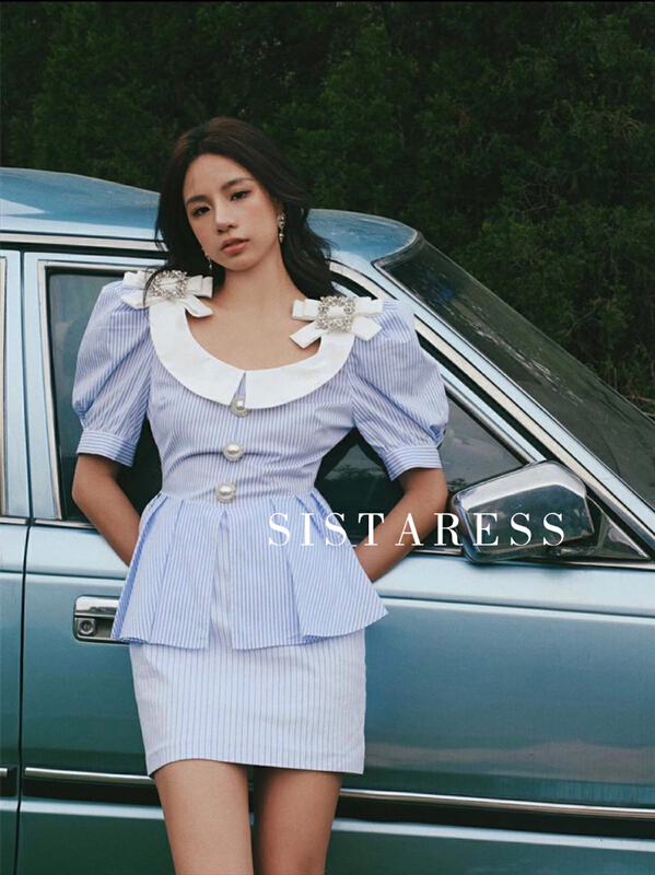 [Sistar] French high waist baby collar bow knot drill button slim fit Hip Wrap Dress 9236\jj