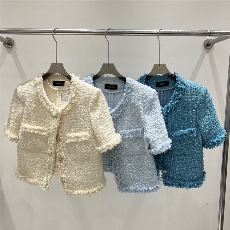 [retain] Korean version round neck single breasted pocket design short sleeve short coat 226032\wpl