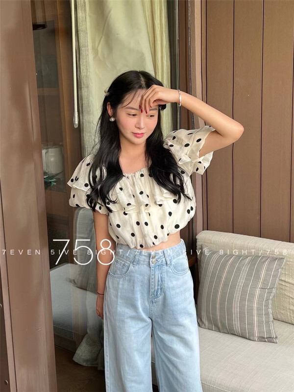 [7even5ive8eight] little woman flocking wave dot short shirt 1738\hjy