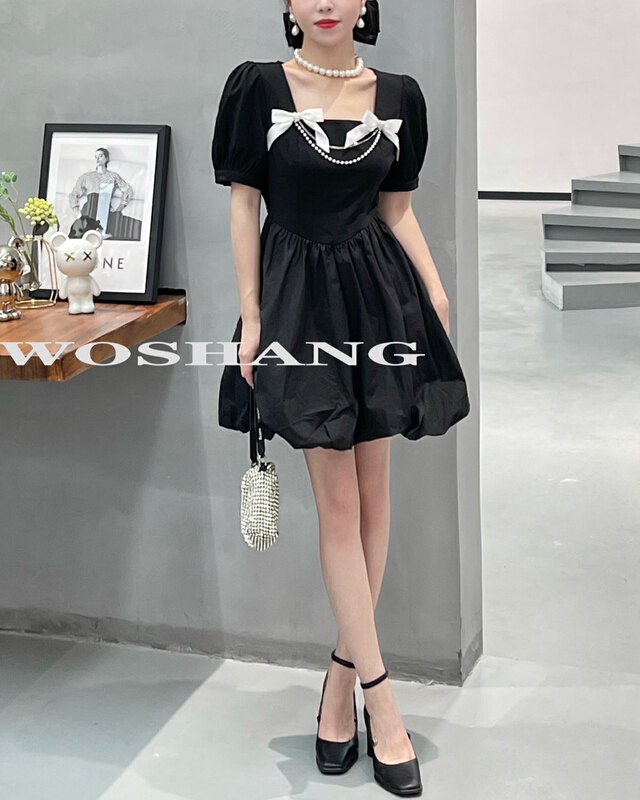 [woshang] sweet French bubble sleeve square neck dress (with chain decoration) 0668\xyj