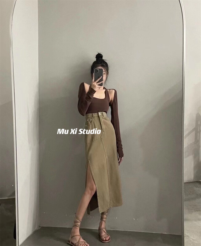 [wooden] simple design split western style skirt 5098\wpl